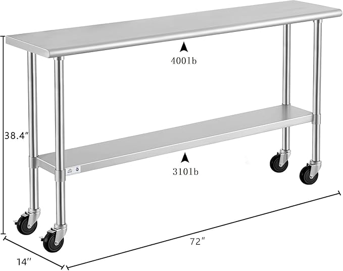 ROCKPOINT Stainless Steel Table for Prep & Work with Caster Wheels 14x72 Inches, NSF Metal Commercial Kitchen Heavy Duty Table with Adjustable Under Shelf and Table Foot for Restaurant, Home and Hotel