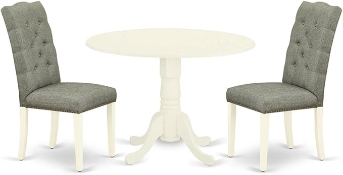 East West Furniture DLEL3-WHI-07 3 Piece Modern Dining Table Set Contains a Round Wooden Table with Dropleaf and 2 Gray Linen Fabric Parson Dining Room Chairs, 42x42 Inch, Linen White