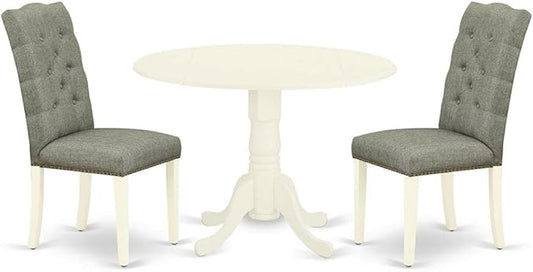 East West Furniture DLEL3-WHI-07 3 Piece Modern Dining Table Set Contains a Round Wooden Table with Dropleaf and 2 Gray Linen Fabric Parson Dining Room Chairs, 42x42 Inch, Linen White