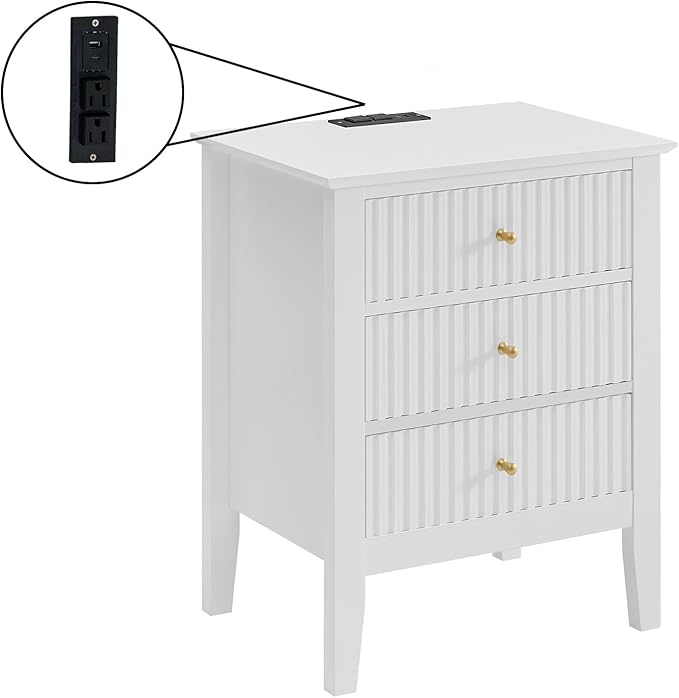 OCANDO White Bed Side Table with Charging Station and USB & Type-C Ports, Bedroom Nightstand 24" H,Vintage Modern Night Stand with 3 Drawers 19" W,Living Room Fluted End Bedside Tables