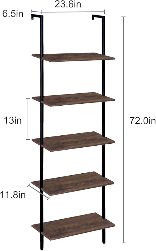 5 Tiers Ladder Shelf Brown Modern Bookshelf Open Tall Wall Mount Bookcase Standing Leaning Wall Shelves Industrial Decorative Living Room Bed Room