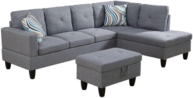 Grey L-Shaped 3-Piece Linen Sofa with Storage Ottoman Set, Sectional Couch Sofa Set for Living Room, Office, Small Space