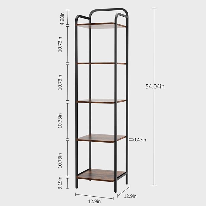 5 Tier Bookshelf, Bookcase with 5 Shelves, Storage Rack Organizer, Corner Wood Storage Shelf with Metal Frame for Bedroom, Living Room, Rustic Brown