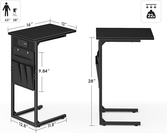 Vagusicc C Shaped End Table with Charging Station, Small Side Table for Couch, Couch Side Tables Recliner Desk, Slide Under Sofa Table TV Tray Arm C Tables for Living Room, Bedroom, Bedside, Black