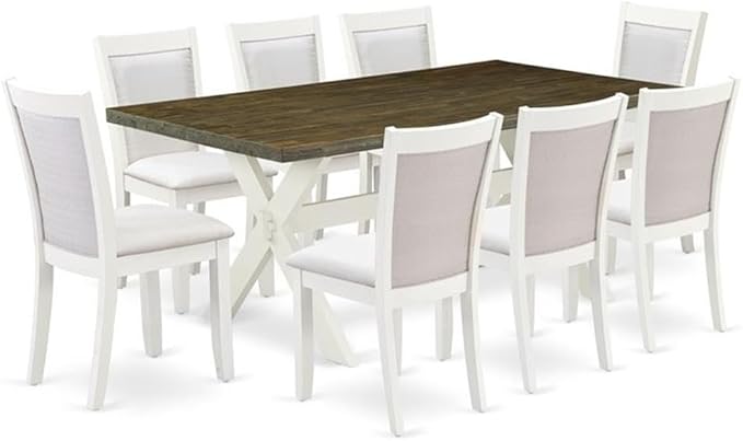 East West Furniture X077MZ001-9 9 Piece Dining Room Table Set Includes a Rectangle Dining Table with X-Legs and 8 Cream Linen Fabric Upholstered Parson Chairs, 40x72 Inch, Multi-Color