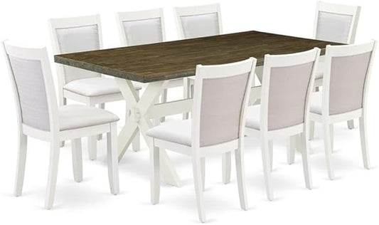 East West Furniture X077MZ001-9 9 Piece Dining Room Table Set Includes a Rectangle Dining Table with X-Legs and 8 Cream Linen Fabric Upholstered Parson Chairs, 40x72 Inch, Multi-Color