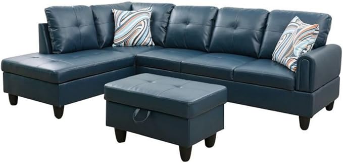 Denim L-Shaped 3-Piece Faux Leather Sofa with Storage Ottoman Set, Sectional Couch Sofa Set for Living Room, Office, Small Space