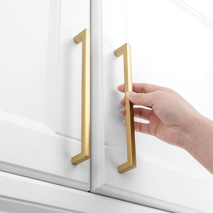 KOOFIZO Solid Square Bar Cabinet Handle - Brushed Gold Furniture Pull, 7.6 Inch/192mm Screwhole Distance, 1-Piece for Kitchen Cupboard Door, Bedroom Dresser Drawer, Bathroom Wardrobe Hardware