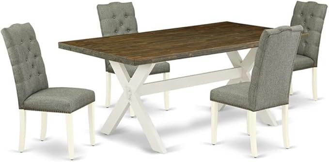 East West Furniture X077EL207-5 5 Piece Dining Table Set for 4 Includes a Rectangle Kitchen Table with X-Legs and 4 Gray Linen Fabric Parson Dining Chairs, 40x72 Inch, Multi-Color