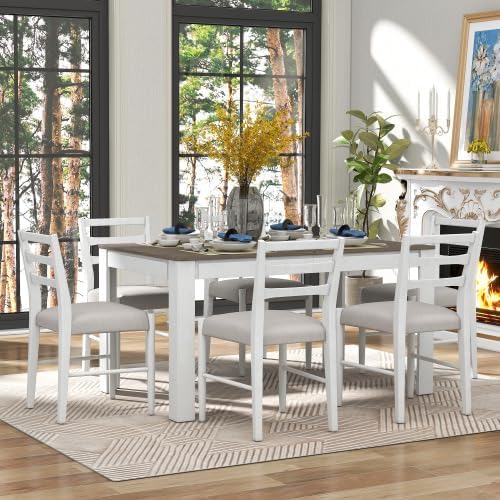 SogesHome 7-Piece Dining Table Set for 6-8 People, Extendable Solid Rubber Wood Kitchen Table with Leaf & 2 Storage Drawers, Chairs with Soft Cushion, Perfect for Kitchen, Dining Room (Brown + White)