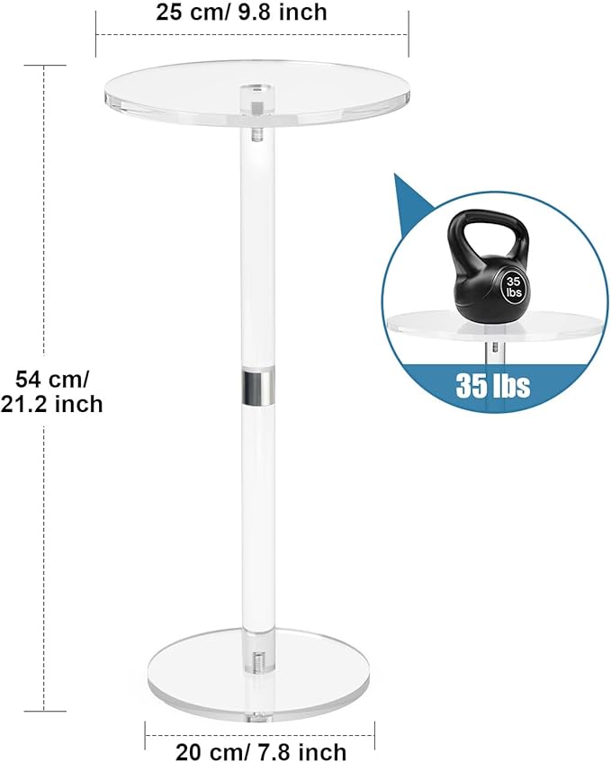 Acrylic End Table, Clear Side Tables for Small Space, 9.8" Round Modern Drink Table for Living Room, Bedroom, Bathroom, Office, Outdoor, Business, Sturdy and Easy to Install