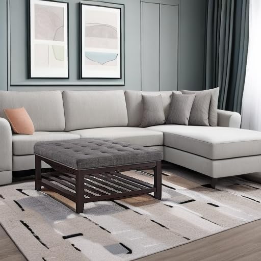 24KF Large Square Upholstered Tufted Linen Ottoman Coffee Table, Large Footrest Ottoman with Solid Wood Shelf-Dark Gray