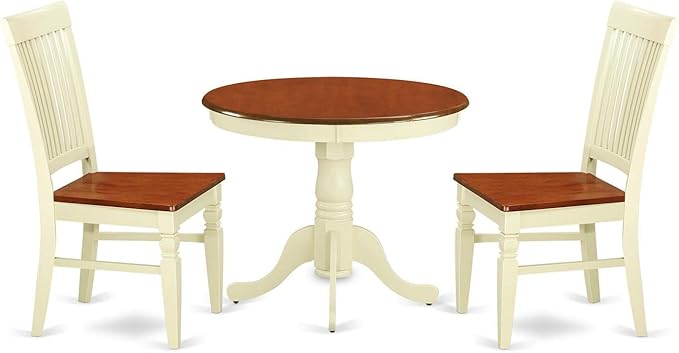 East West Furniture ANWE3-BMK-W 3 Piece Dining Room Table Set Contains a Round Kitchen Table with Pedestal and 2 Dining Chairs, 36x36 Inch, Buttermilk & Cherry