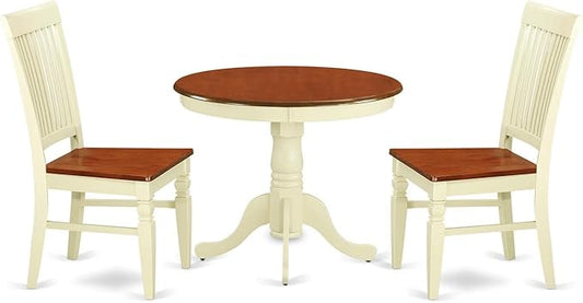 East West Furniture ANWE3-BMK-W 3 Piece Dining Room Table Set Contains a Round Kitchen Table with Pedestal and 2 Dining Chairs, 36x36 Inch, Buttermilk & Cherry