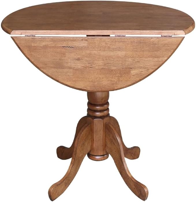 IC International Concepts 42-Inch Round Dual Drop Leaf Pedestal Dining Table, Elegant Space-Saving Furniture for Home and Office - Distressed Oak Finish