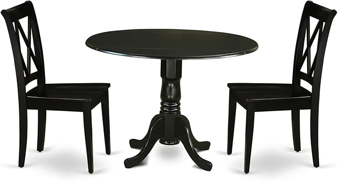 East West Furniture DLCL3-BLK-W 3 Piece Kitchen Table Set for Small Spaces Contains a Round Dining Room Table with Dropleaf and 2 Solid Wood Seat Chairs, 42x42 Inch, Black