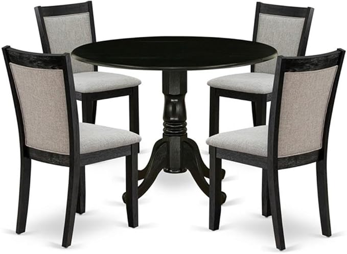 East West Furniture DLMZ5-AB6-06 5 Piece Dinette Set for 4 Includes a Round Dining Room Table with Dropleaf and 4 Shitake Linen Fabric Parsons Dining Chairs, 42x42 Inch, Wirebrushed Black