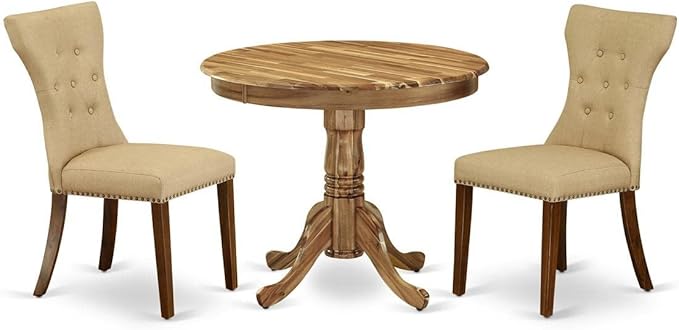 East West Furniture ANGA3-ANA-03 3 Piece Dining Table Set for Small Spaces Contains a Round Kitchen Table with Pedestal and 2 Brown Linen Fabric Parsons Chairs, 36x36 Inch, Natural