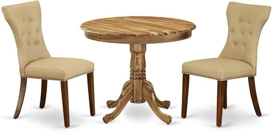 East West Furniture ANGA3-ANA-03 3 Piece Dining Table Set for Small Spaces Contains a Round Kitchen Table with Pedestal and 2 Brown Linen Fabric Parsons Chairs, 36x36 Inch, Natural