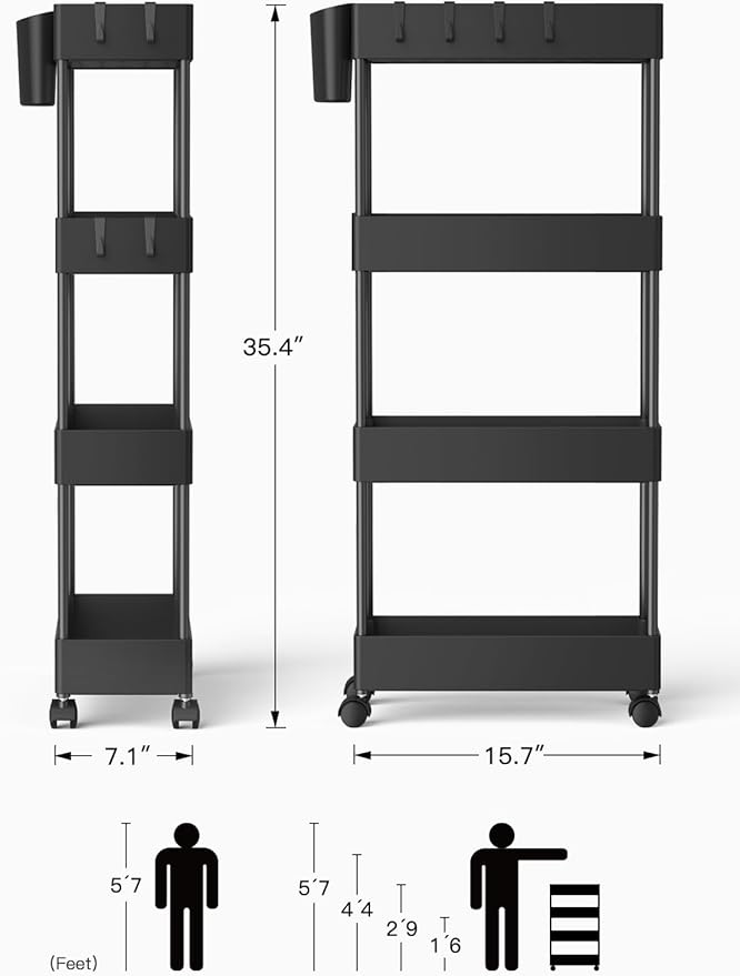 Pipishell Slim Storage Cart with Wheels - Bathroom Cart Organizer Storage, 4Tier Rolling Carts for Bathroom, Laundry Room, Kitchen, Narrow Space, Black PIUC05