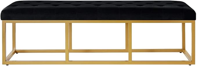 24KF Upholstered Tufted Long Bench with Golden Metal Leg, Black Velvet Bench with Padded Seat-Black