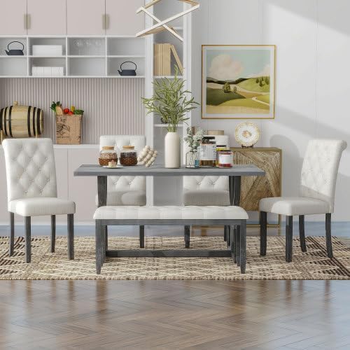 SogesHome 6-Piece Dining Table Set with Upholstered Chairs and Bench, Modern Retro Rectangular Kitchen Table, Rustic Farmhouse Style Decor Dining Table for Dining Room, Breakfast (Gray Wash)