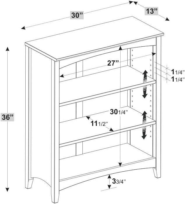 Shaker Style 3 Shelf Bookcase / Solid Wood / 36" High / Adjustable Shelving / Closed Back / Display Bookshelf for Living Room, Bedroom, Home and Office, White