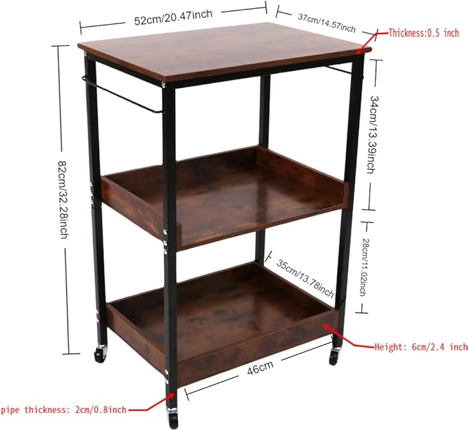 3-Tier Rolling Utility Cart with Table Top- Wooden Utility Cart wit Wheels- Kitchen Storage Microwave Table Stand, Mesh Shelves, for Living and Kitchen Room Office (Brown)