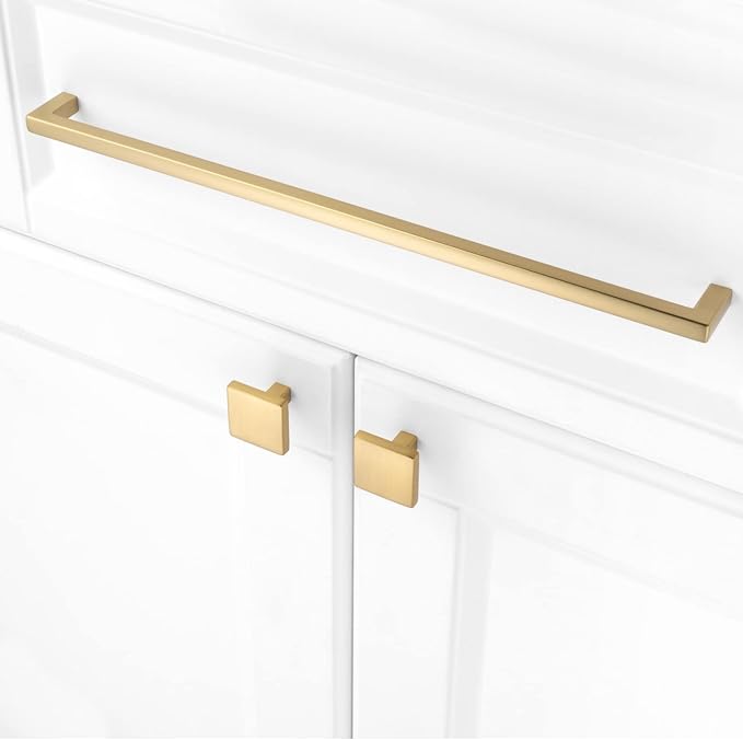 KOOFIZO Solid Square Bar Cabinet Handle - Brushed Gold Furniture Pull, 12.6 Inch/320mm Screwhole Distance, Pack of 5 for Kitchen Cupboard Door, Bedroom Dresser Drawer, Bathroom Wardrobe Hardware