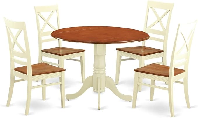 East West Furniture DLQU5-BMK-W 5 Piece Dining Table Set for 4 Includes a Round Kitchen Table with Dropleaf and 4 Dining Room Chairs, 42x42 Inch, Buttermilk & Cherry