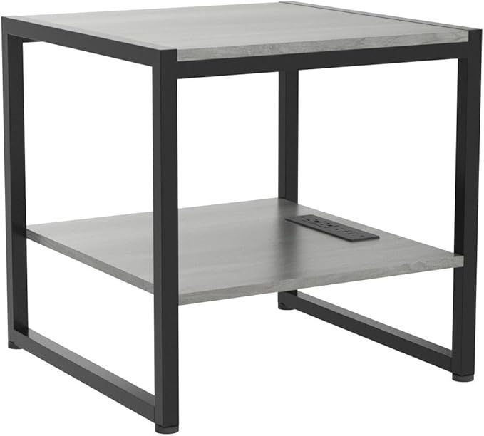 Homieasy End Table with Charging Station, 20 Inch Mini Fridge Stand with 2-Tier Open Shelf, Square Bedside Nightstand & Sofa Side Table for Small Spaces, Grey - 2 Pack