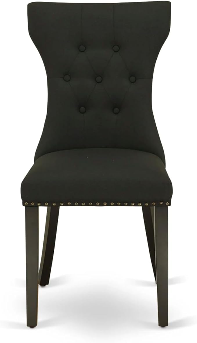 East West Furniture ANGA3-ABK-24 3 Piece Dinette Set for Small Spaces Contains a Round Kitchen Table with Pedestal and 2 Black Linen Fabric Parson Dining Chairs, 36x36 Inch, Wirebrushed Black