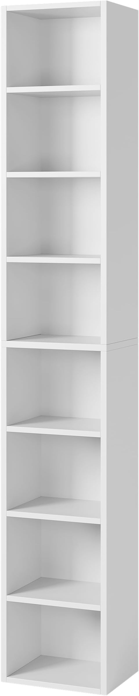 Bamjoy 71 Inches Tall Narrow Bookshelf, 8-Tier CD DVD Slim Media Tower Rack, Corner Bookcase with Adjustable Shelves, Skinny Cubes Bookshelves for Home Office Small Space, White