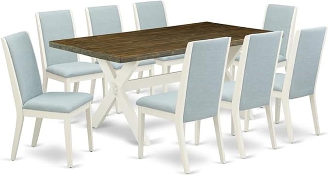East West Furniture X077LA015-9 9 Piece Kitchen Table & Chairs Set Includes a Rectangle Dining Room Table and 8 Baby Blue Linen Fabric Upholstered Chairs, 40x72 Inch, Multi-Color