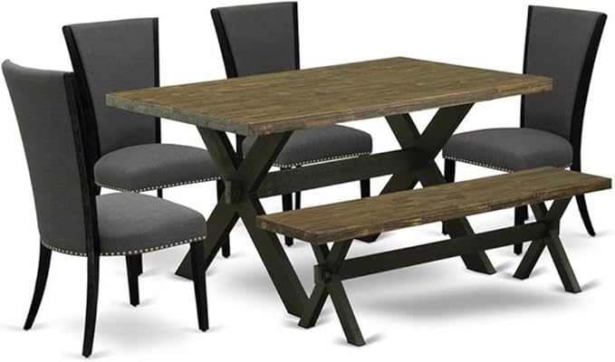 East West Furniture X676VE650-6 6 Piece Dining Set Contains a Rectangle Dining Room Table with X-Legs and 4 Dark Gotham Linen Fabric Parson Chairs with a Bench, 36x60 Inch, Multi-Color