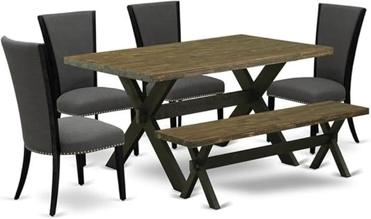 East West Furniture X676VE650-6 6 Piece Dining Set Contains a Rectangle Dining Room Table with X-Legs and 4 Dark Gotham Linen Fabric Parson Chairs with a Bench, 36x60 Inch, Multi-Color