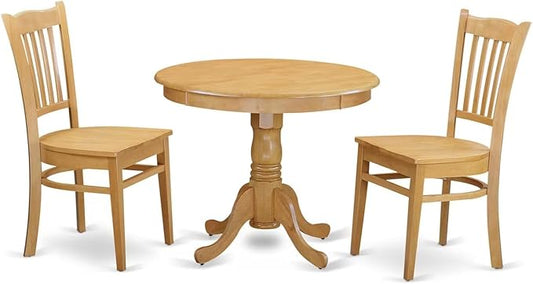 East West Furniture ANGR3-OAK-W 3 Piece Kitchen Table & Chairs Set Contains a Round Dining Room Table with Pedestal and 2 Dining Chairs, 36x36 Inch, Oak