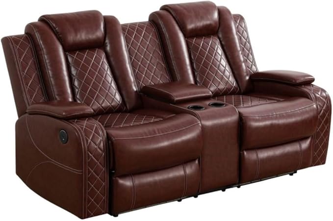 Electric Power Recliner Loveseat Set Living Room Furniture, Comfy Home Theater Breathing Leather Seating with USB 2.0 Charging Ports, LED Light Strips, Mid Console and Cupholders (Red)