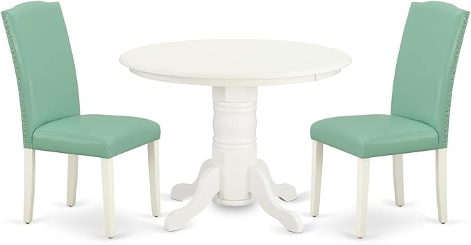 East West Furniture SHEN3-LWH-57 3 Piece Kitchen Table & Chairs Set Contains a Round Dining Room Table with Pedestal and 2 Pond Faux Leather Parsons Dining Chairs, 42x42 Inch, Linen White