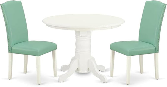 East West Furniture SHEN3-LWH-57 3 Piece Kitchen Table & Chairs Set Contains a Round Dining Room Table with Pedestal and 2 Pond Faux Leather Parsons Dining Chairs, 42x42 Inch, Linen White