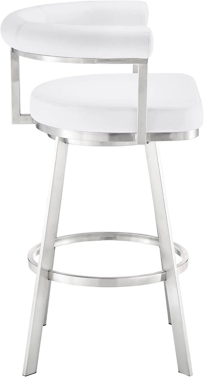 Armen Living Magnolia Swivel Counter Stool in Brushed Stainless Steel with White Faux Leather