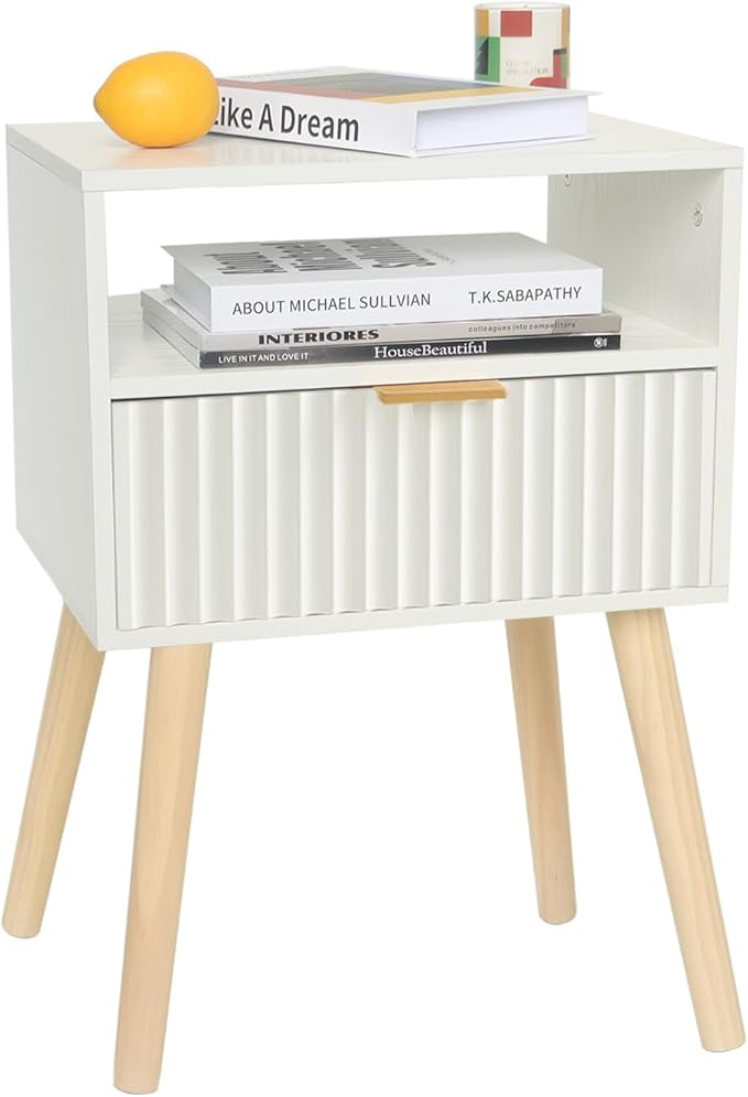 Night Stand, White Bedside Table with Drawers and Open Shelf, Fluted Nightstand with Solid Wood Legs for Bedroom, Dorm and Small Space (White)