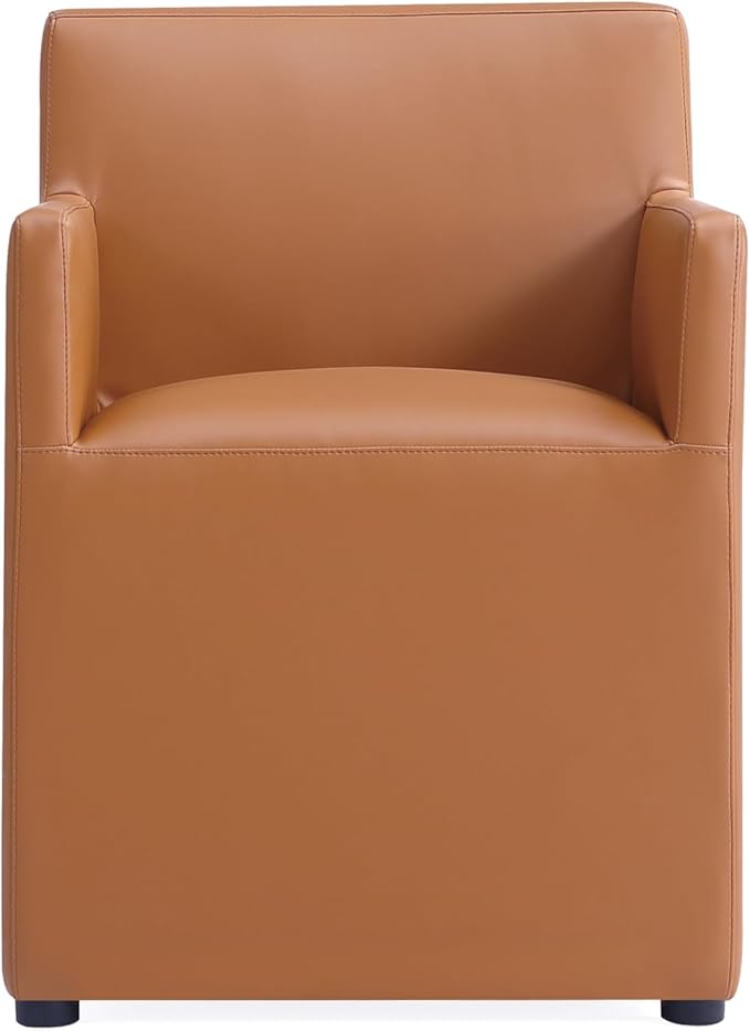 Manhattan Comfort Anna Square Modern Dining Chair with Arms, Head-to-Toe Faux Leather Upholstered Accent Armchair with Plastic Foot Padding, Set of 1, Saddle