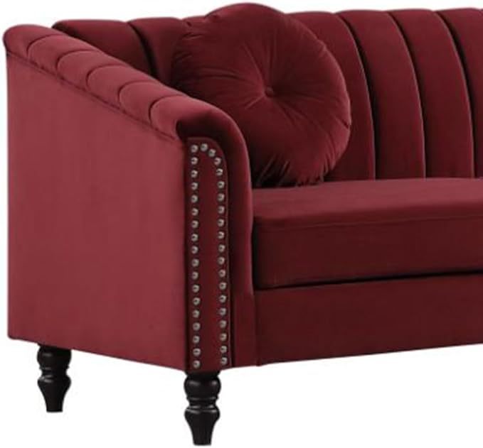 60" Loveseat Sofa, Microfiber Chesterfield Upholstered Sofas Love Seat, Couch Chair Sets with Style Button Tufted, Scroll Arms and Nailhead for Living Room, Office, Apartment-Red
