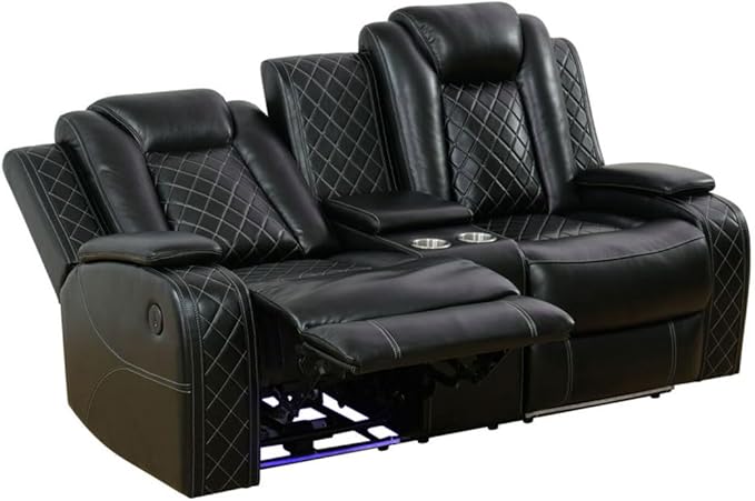 Electric Power Recliner Loveseat Set Living Room Furniture, Comfy Home Theater Breathing Leather Seating with USB 2.0 Charging Ports, LED Light Strips, Mid Console and Cupholders (Black)