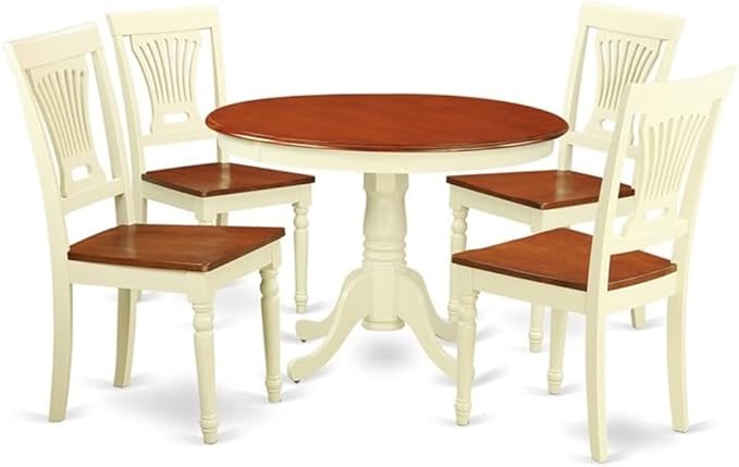 East West Furniture HLPL5-BMK-W 5 Piece Dining Room Furniture Set Includes a Round Kitchen Table with Pedestal and 4 Dining Chairs, 42x42 Inch, Buttermilk & Cherry