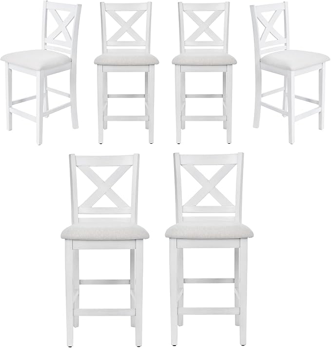 COLAMY Bar Stools Set of 6, Counter Height Bar Stools, Mid Century Modern Barstools, Wood Barstools for Kitchen Dining Room Bar, Grey White Wash