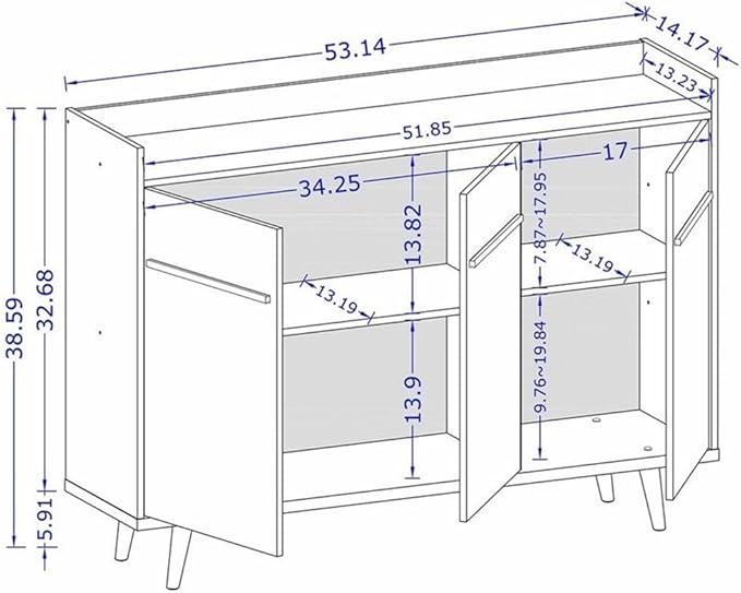 Manhattan Comfort Bradley Buffet Cabinet with Storage, Mid Century Modern Sideboard with 4 Shelves and Soft Close Doors, TV Stand Media Console for up to 50" Screens, 53.54" Long, Off White