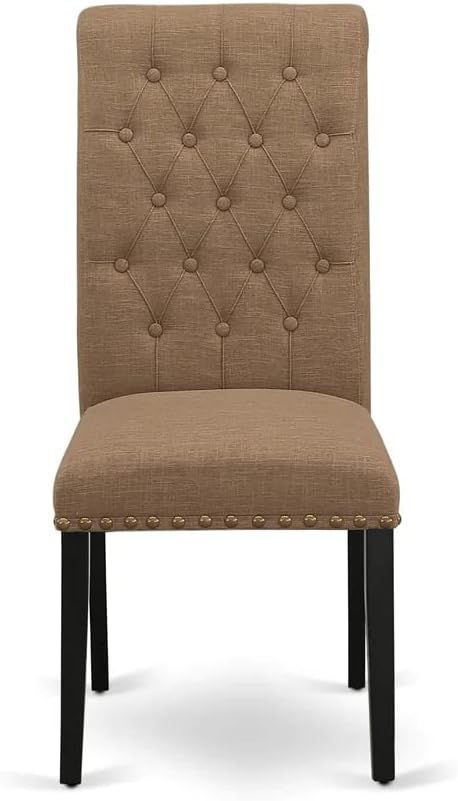 East West Furniture AMBR3-BCH-17 3 Piece Dining Table Set Contains a Round Kitchen Table with Pedestal and 2 Light Sable Linen Fabric Upholstered Kitchen Chairs, 36x36 Inch, Black & Cherry