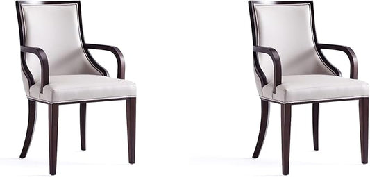 Manhattan Comfort Grand Faux Leather Dining Chairs with Arms, Padded Wingback Seat, Fine Rectangular Stitching and Solid Wood Frame, Set of 2, Light Grey